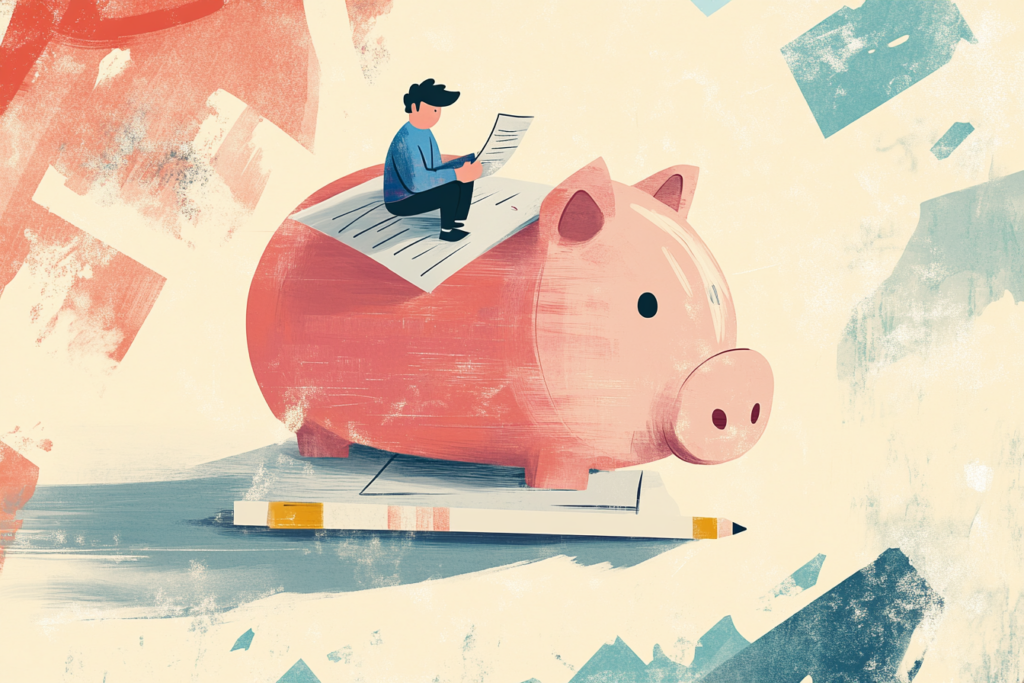 Man sitting on top of a piggy bank calculating all of his money