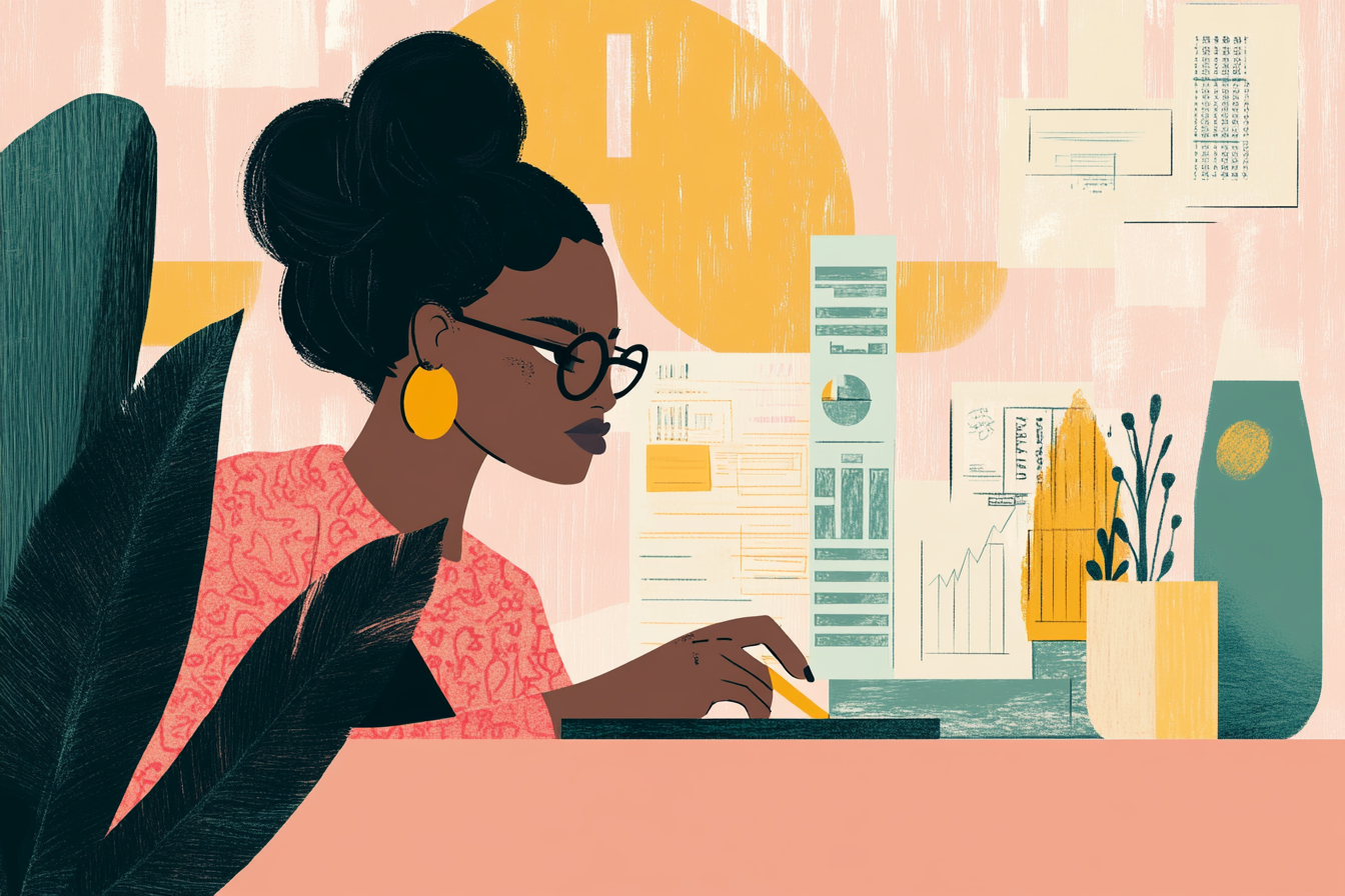 Woman working on creating a budget with different graphs
