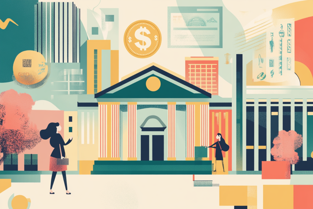 Graphic of a person walking into a bank