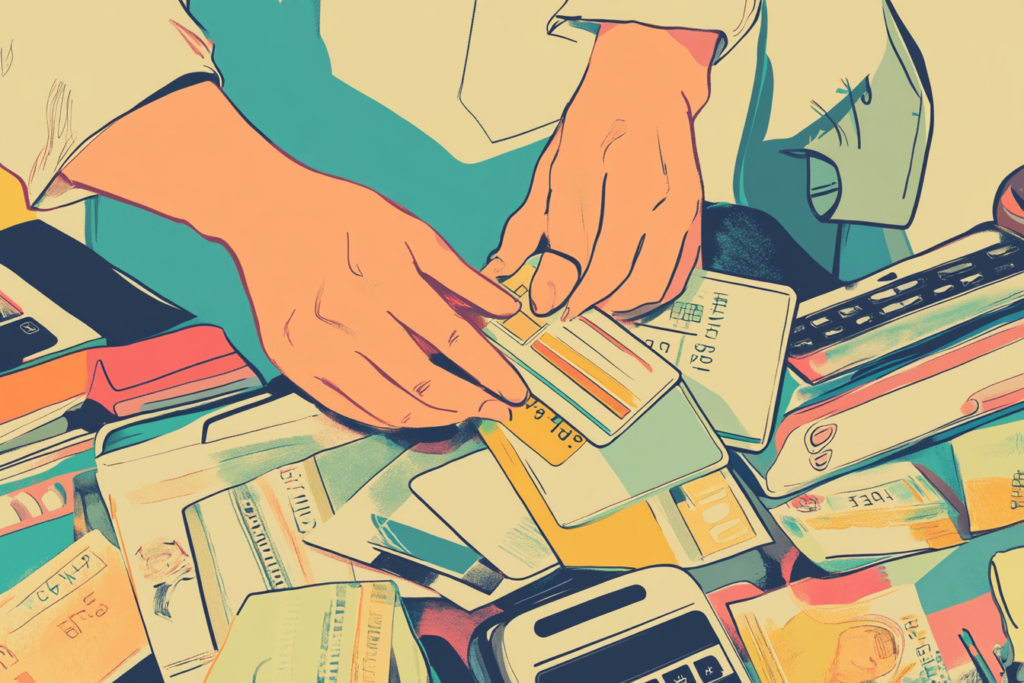 Man looking through a stack of credit cards