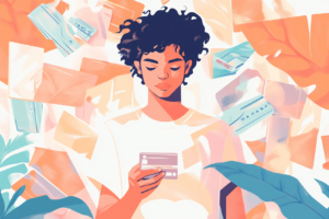 Person holding a credit card and looking at it