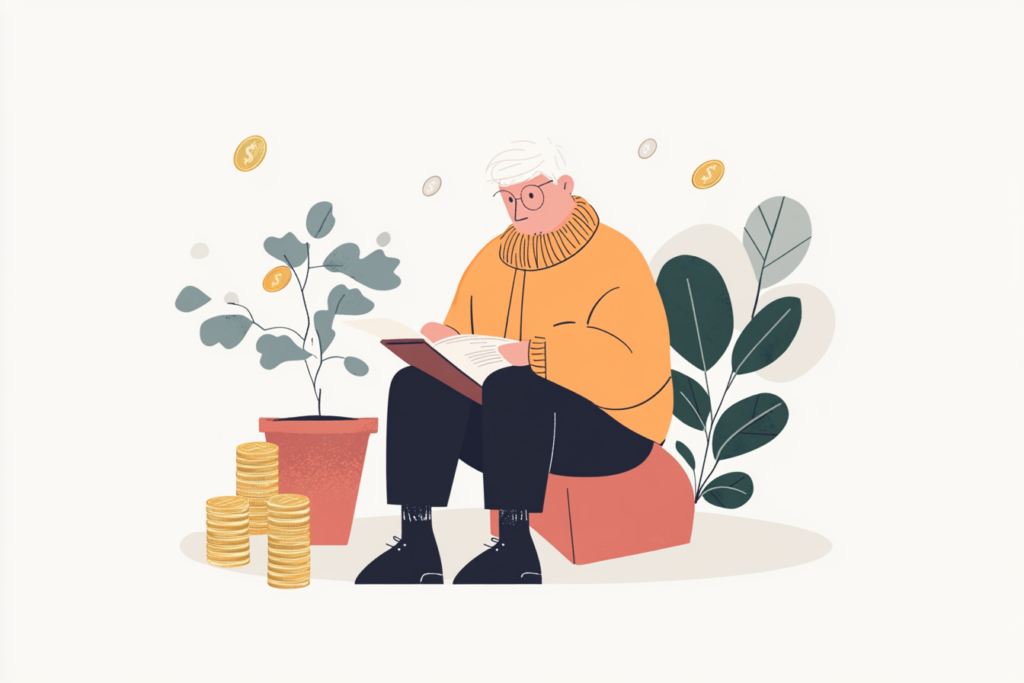 Man sitting down next to coins reading about money