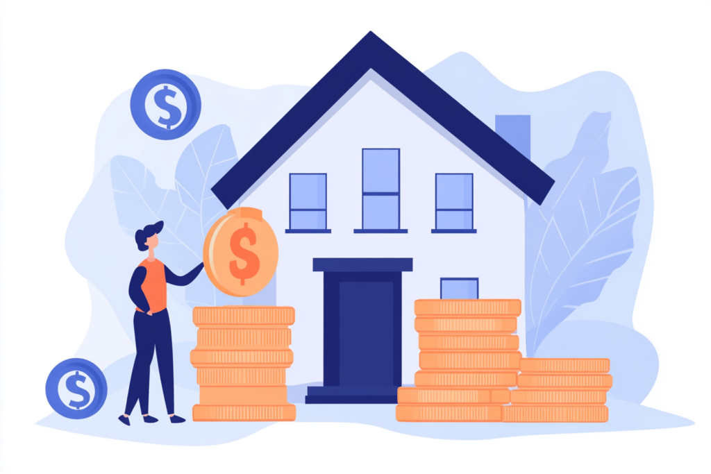 Woman standing in front of a house with a stack of coins and money signs floating around