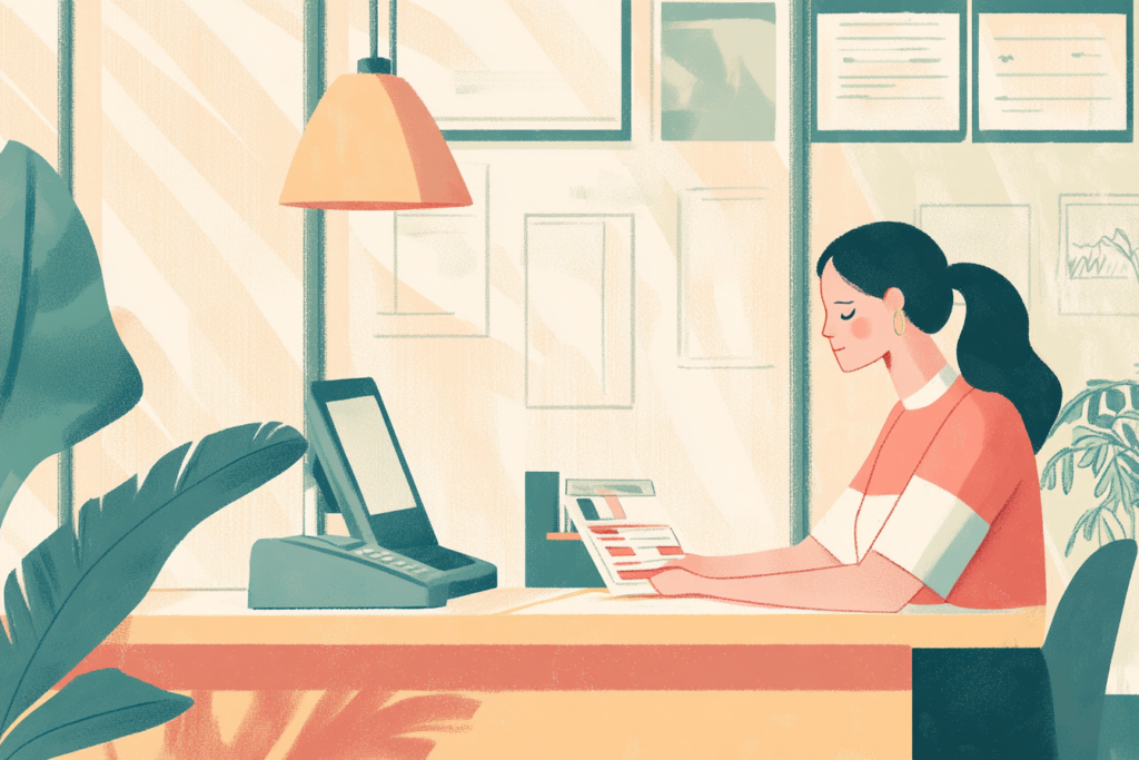 Woman looking down at loan payment paperwork