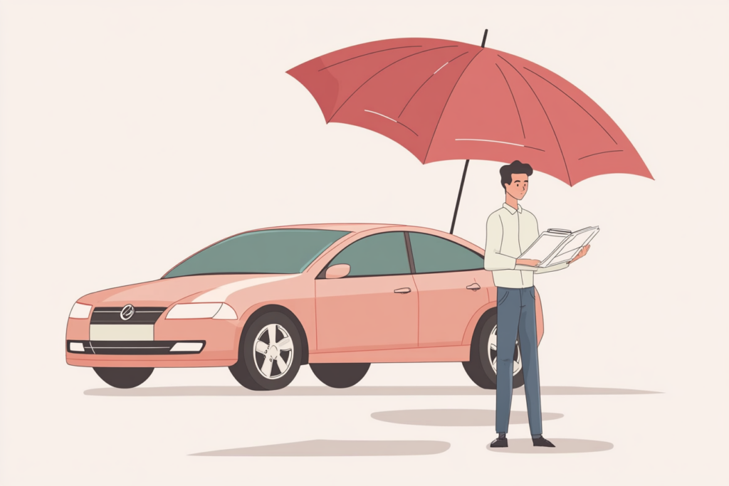 Man look paperwork next to his car with an umbrella over him