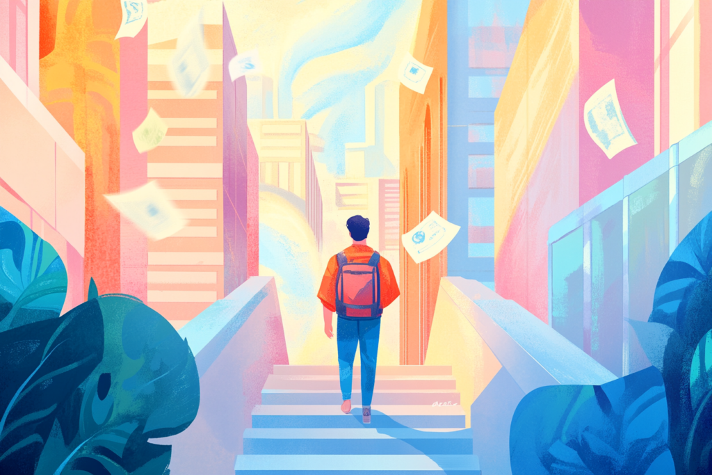 Student walking up a stairs with money falling down