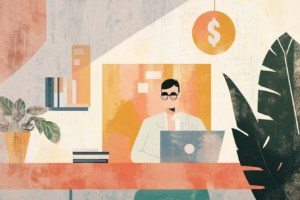 Man sitting at his computer with a dollar sign above it