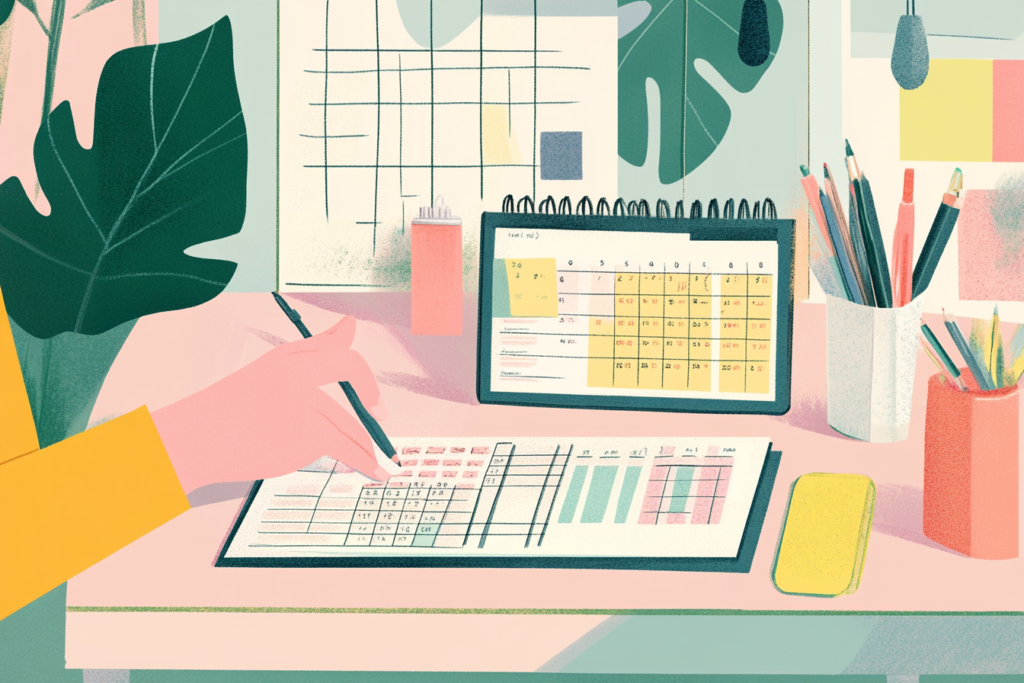 Person creating a financial planning calendar on their desk
