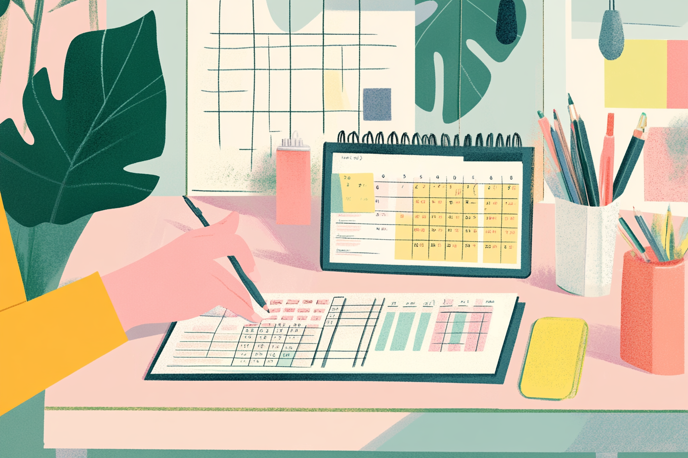 Person creating a financial planning calendar on their desk