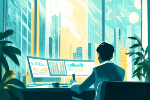 Man on his computer with multiple screens looking at the stock market