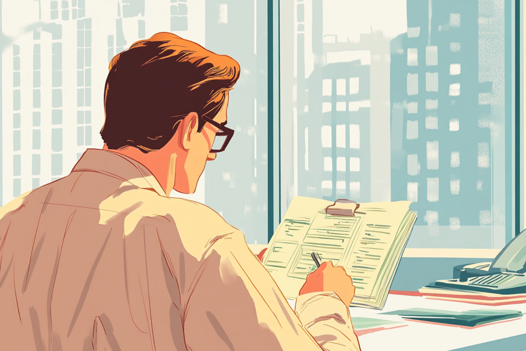 Man with a clip board looking at different charts