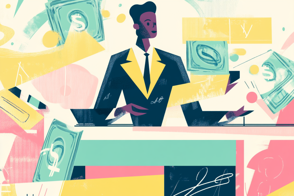 Man at his desk with money floating around it