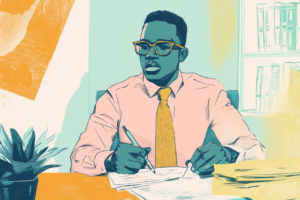 Man filling out paperwork on a desk