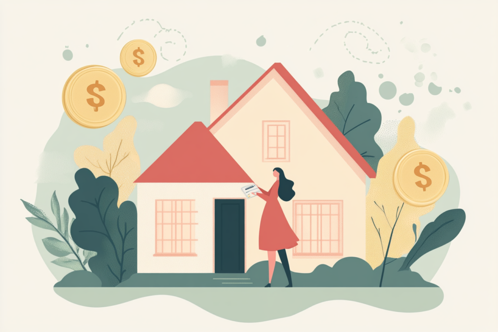 Woman standing in front of her house with dollar signs over it signifying rent