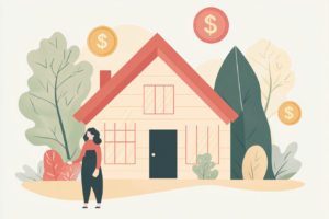Woman standing in front of a house with dollar signs above it