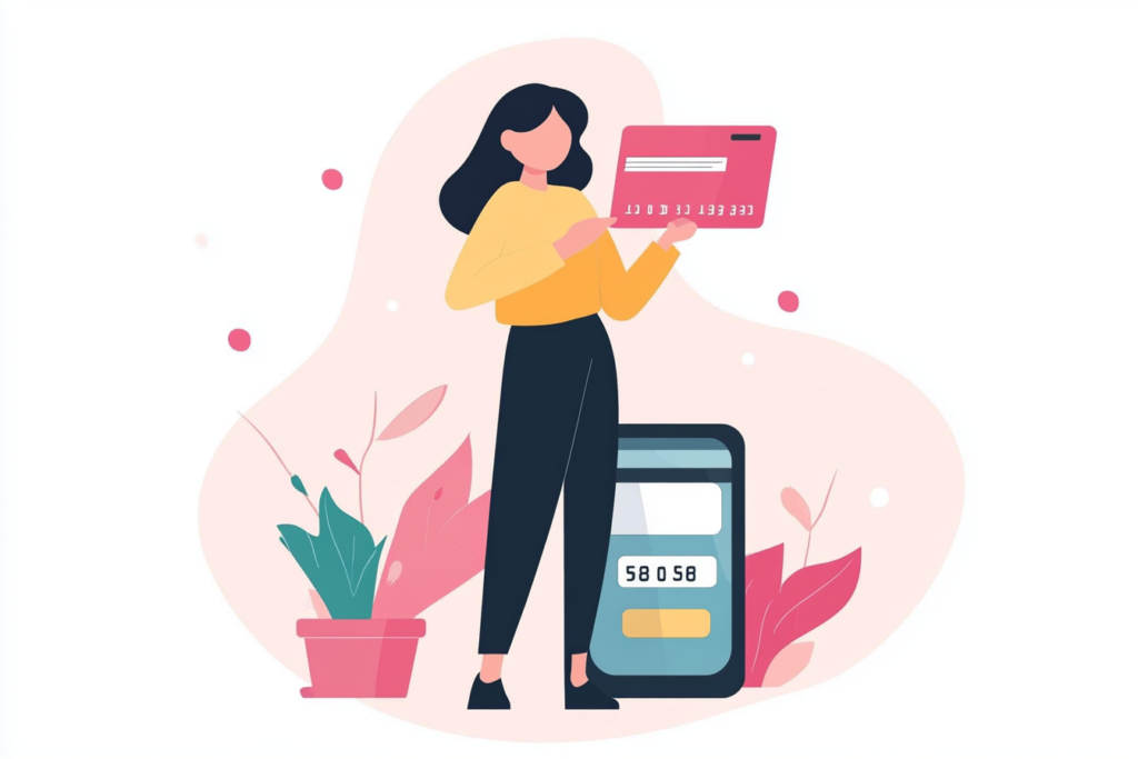 Woman holding a credit card and buying something on her phone