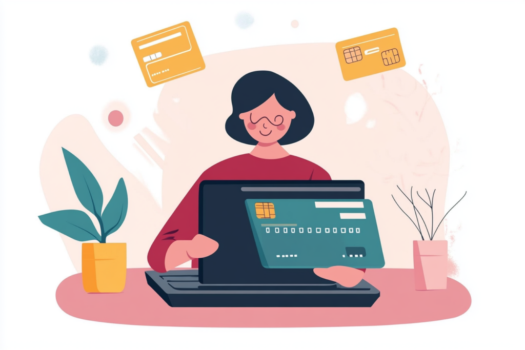 Woman on a computer using a credit card