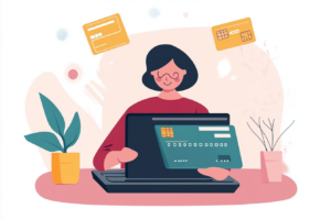 Woman on a computer using a credit card