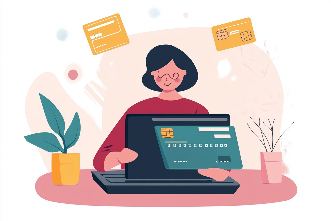 Woman on a computer using a credit card