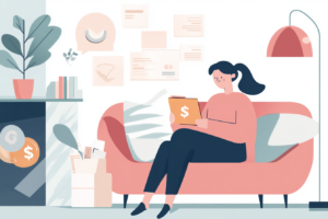 Woman sitting on the couch looking at a bill to simulate debt