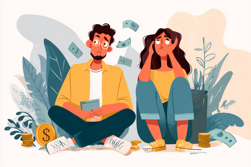 Couple sitting next to each other looking annoyed about money