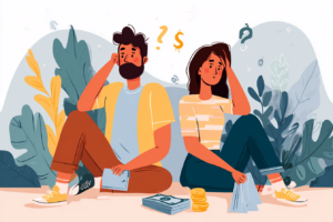 Couple sitting next to each other frustrated about finances