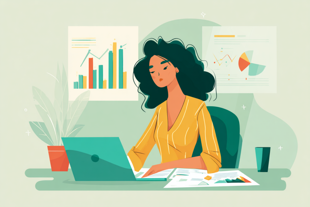 woman on here computer with financial graphs behind her on the wall