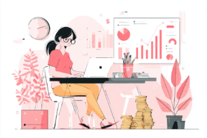 Woman on her computer looking at different investment options with printed out graphs behind her