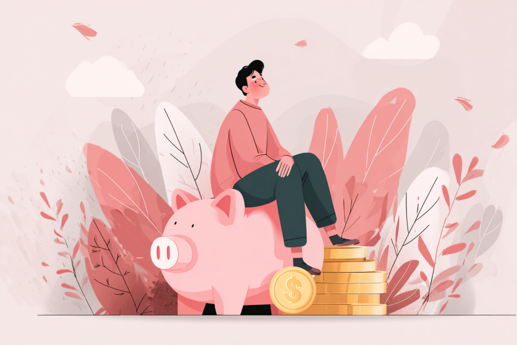 Man sitting on top of a piggy bank trying to save money