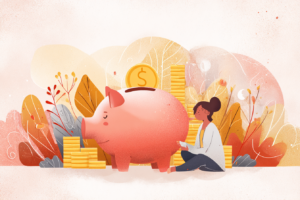 Woman sitting next to a piggy bank and investing money