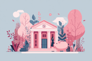Woman walking into a bank with a large piggy bank outside