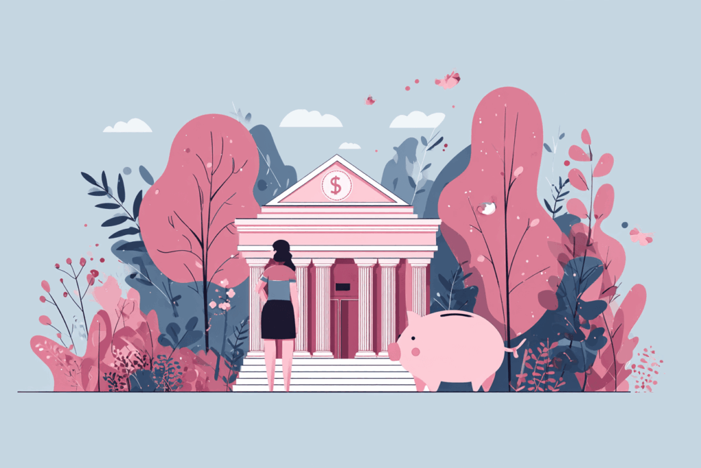 Woman outside of a bank with a piggy bank