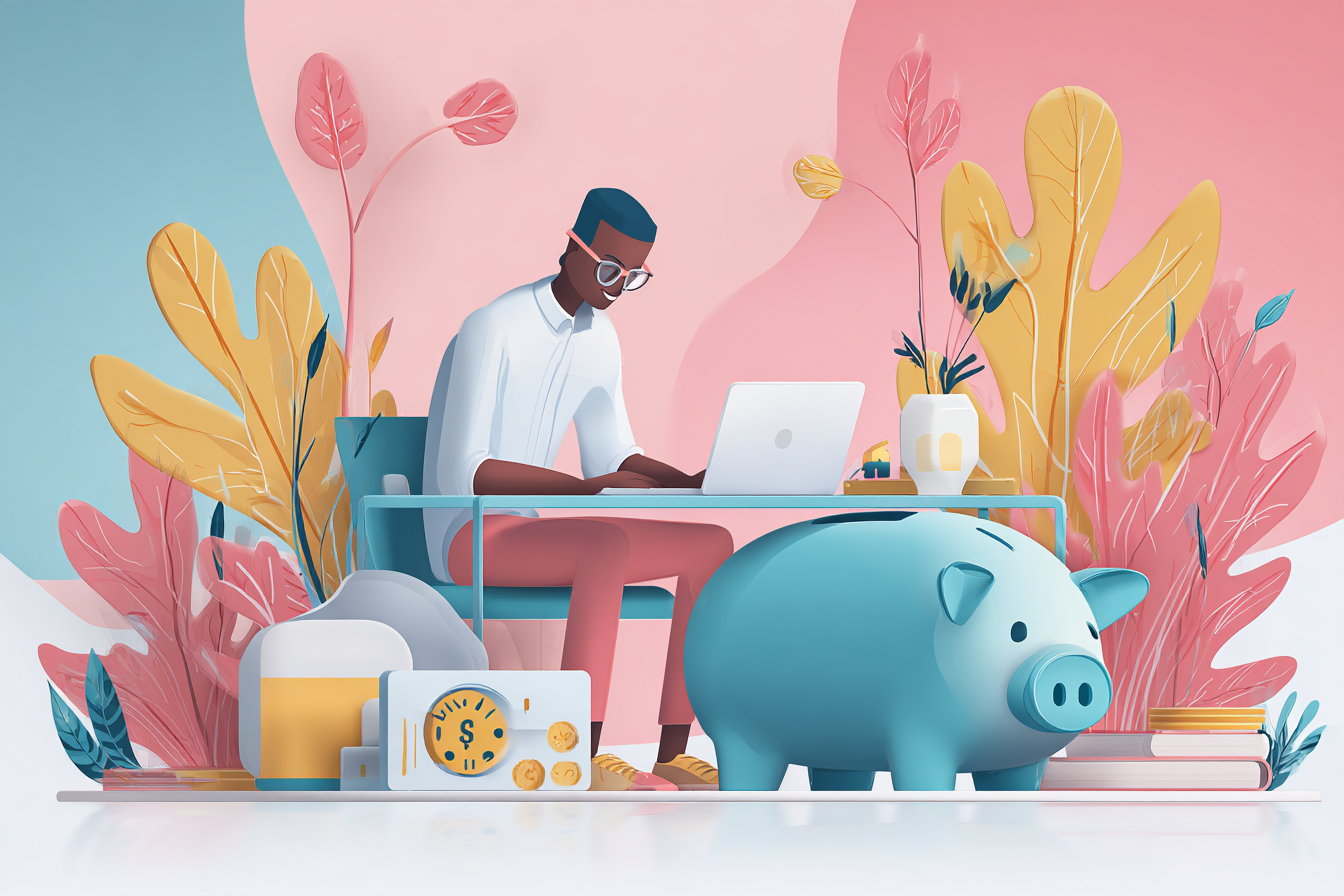 Man sitting at his desk on his computer with a piggy bank below him signifying paying bills