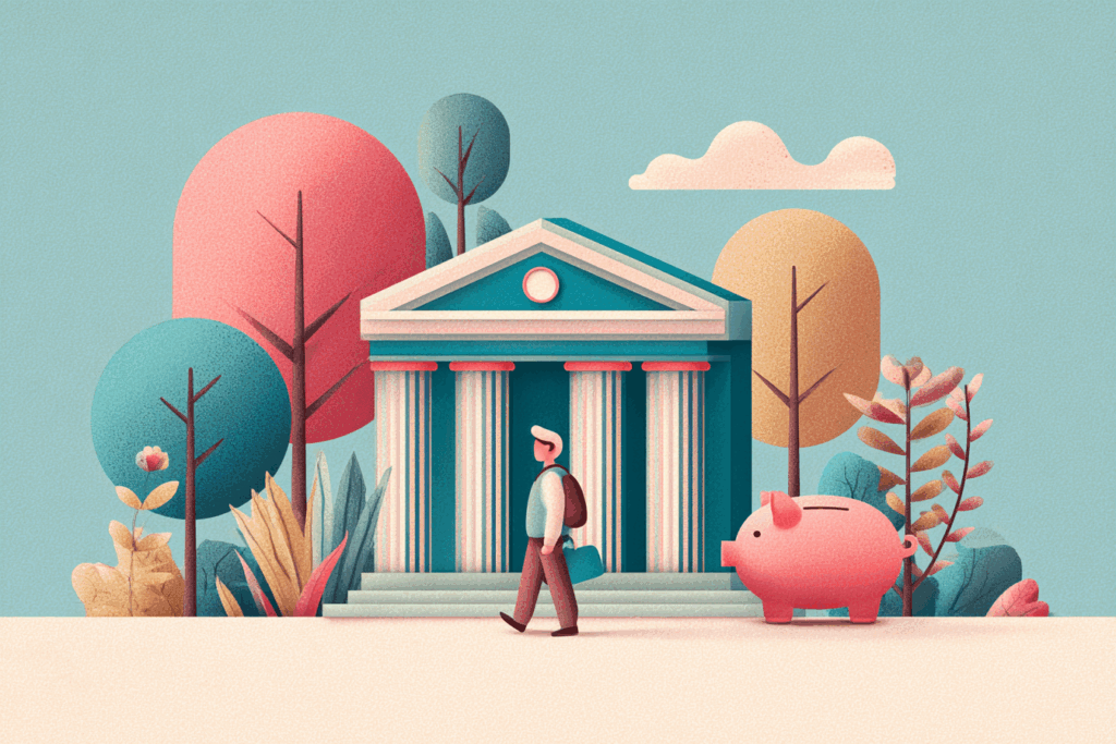 Man standing outside of a bank with a large piggy bank