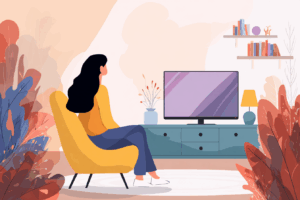 Woman sitting in front of her TV in the living room