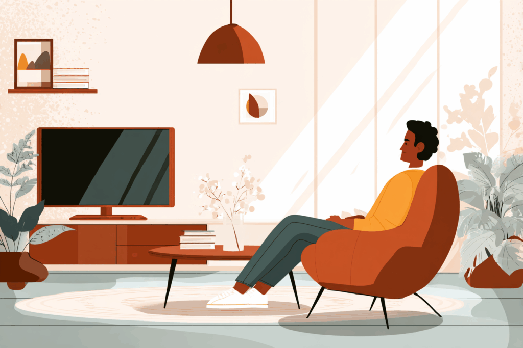 Man sitting in a chair in his living room in front of a TV 