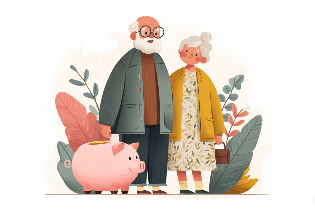 Older couple standing together next to a piggy bank