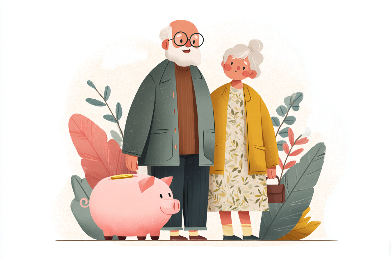 Older couple standing together next to a piggy bank