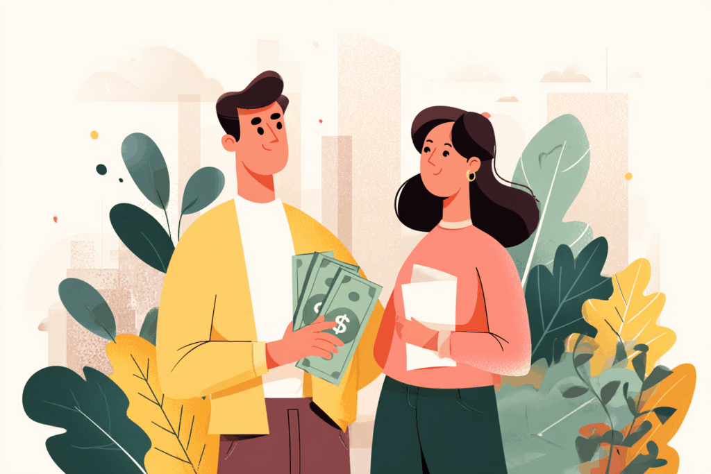 Couple standing next to each other holding money in their arms