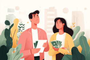 Couple standing next to each other holding money and an envelope