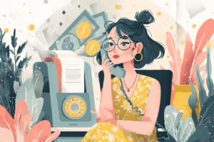 Woman sitting at a desk on the phone with money in the background