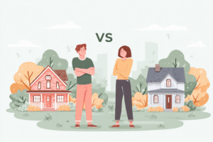 Couple standing between two homes trying to decide which one to pick
