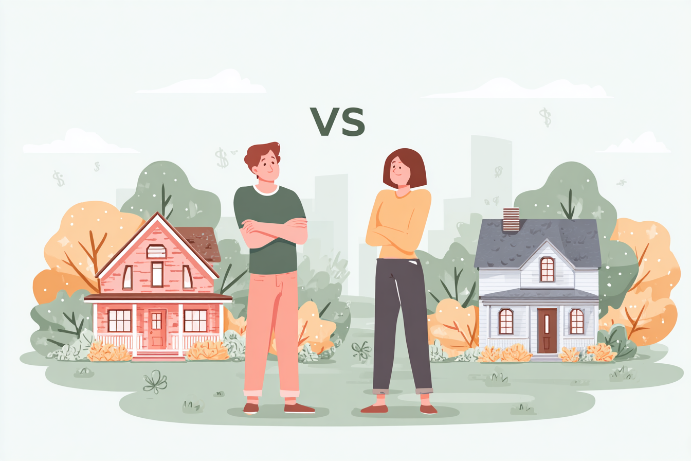 Couple standing between two homes trying to decide which one to pick