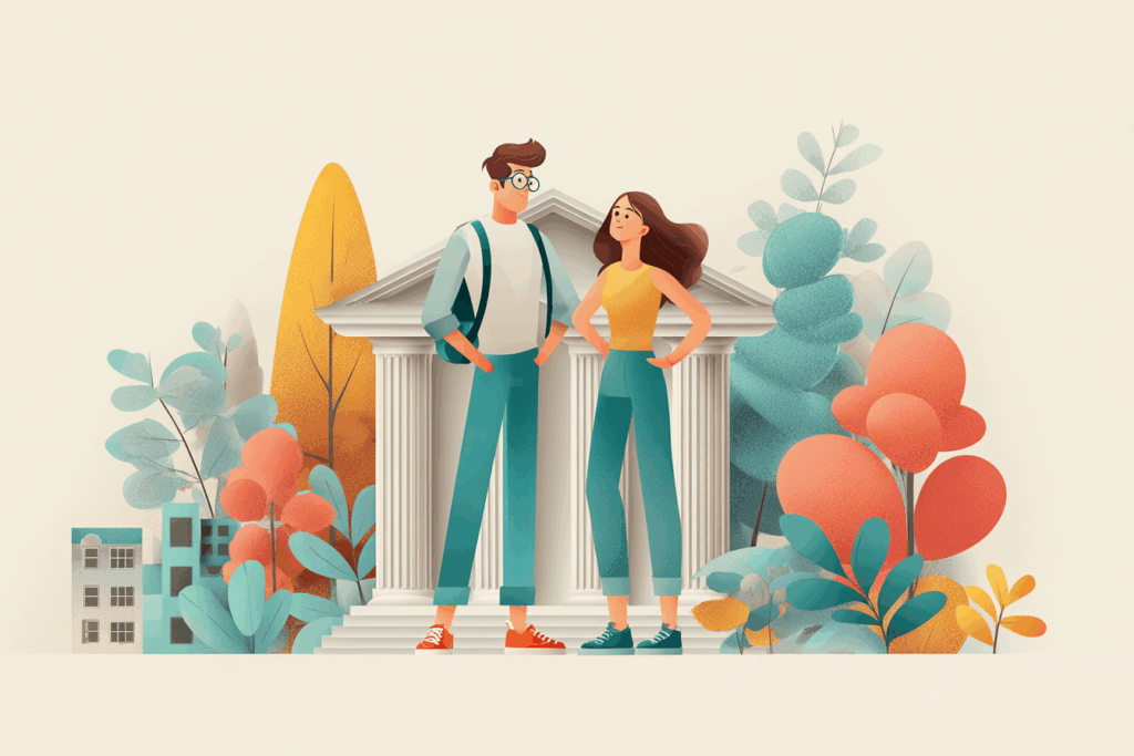 Couple standing outside bank deciding on a loan