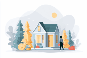 Woman walking into a house with coins on the outside to signify a loan
