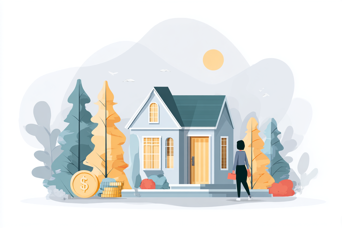 Woman walking into a house with coins on the outside to signify a loan
