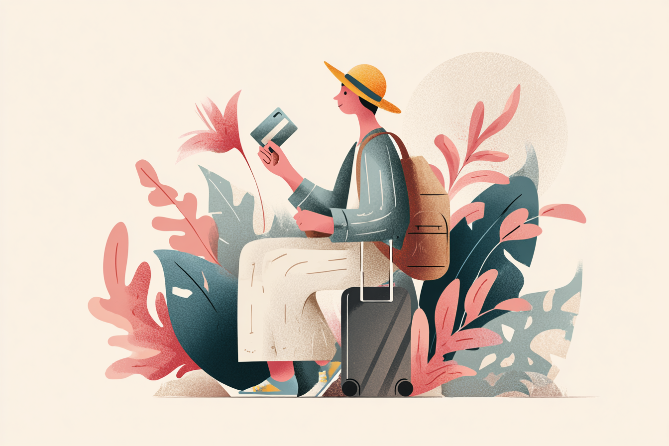 Woman sitting on her suitcase and looking at her credit card