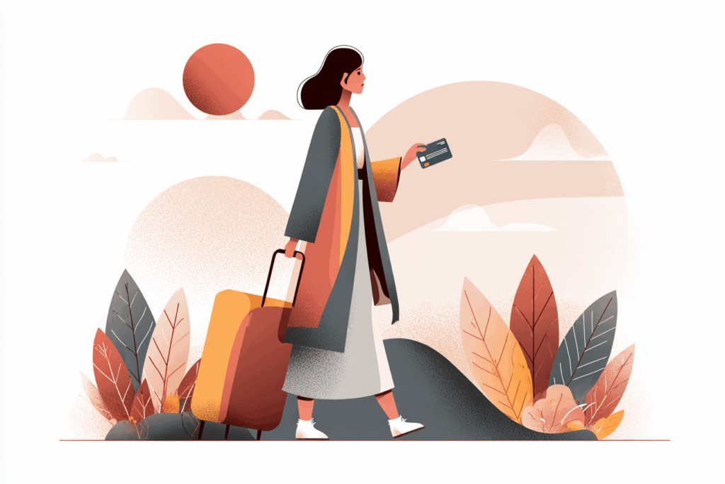 Woman rolling a suitcase and holding her credit card