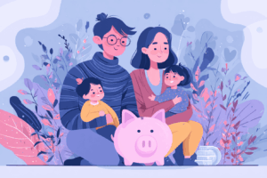 Couple with kids and a piggy bank in front signifying savings