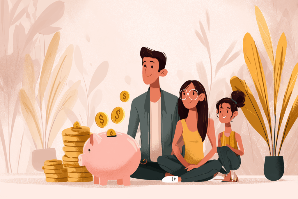 Couple sitting next to a piggybank with their daughter 
